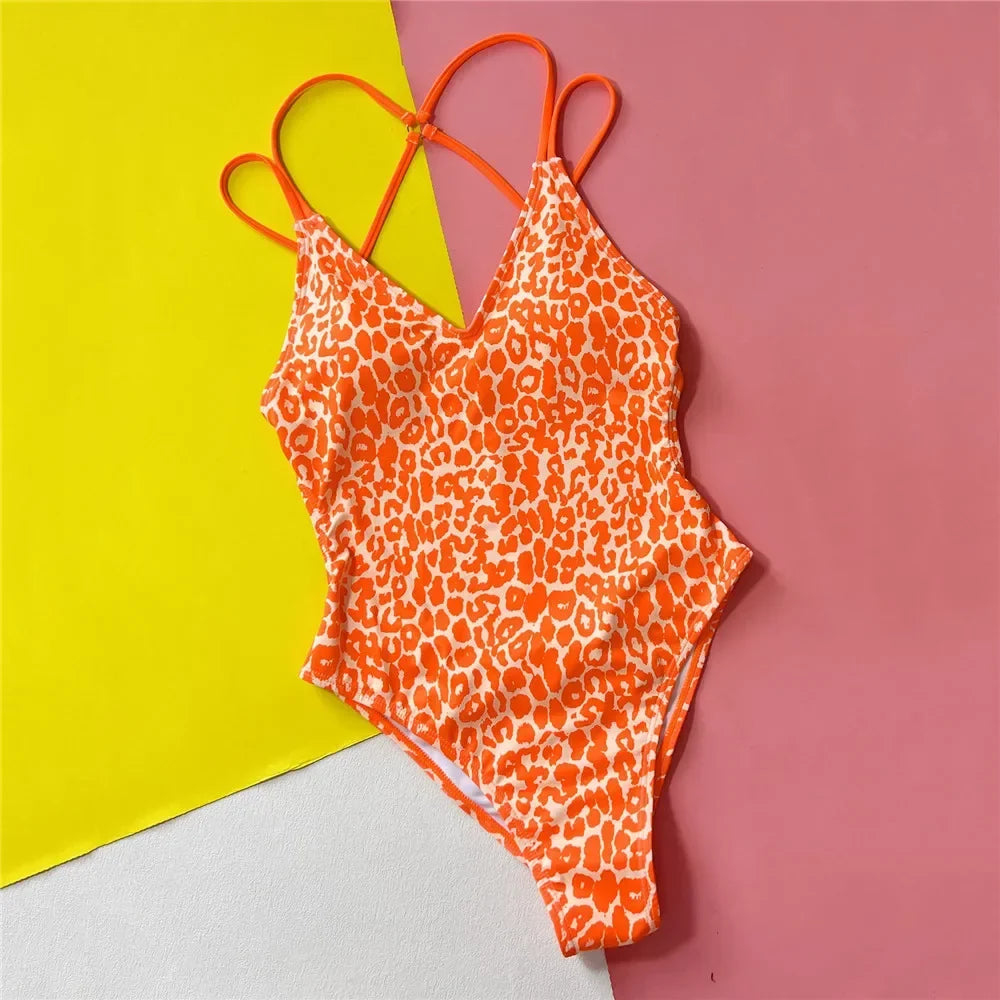 Leopard Print Backless Sexy Swimsuit Women One Piece Swimwear Back String Cross Bather High Cut Monokini Bathing Swimming Suit