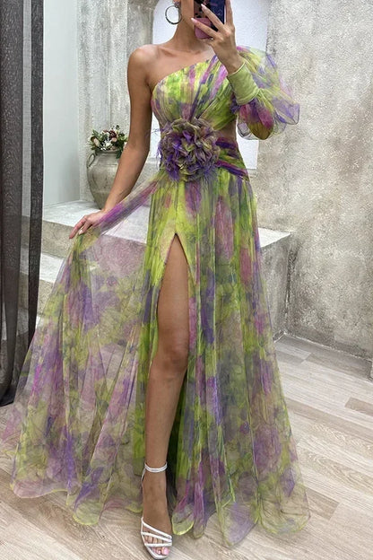 Elegant Oblique Shoulder Single-sleeve  Zipper High Slit Mesh Long Dress For Women Fashion Flower Decoration Party Dress Female