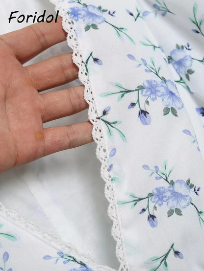 Foridol Blue Flower Print Women Tiered Mini Aummer Autumn Beach Dress Puff Sleeve Vintage Party Cotton Short Boho Lace Dress