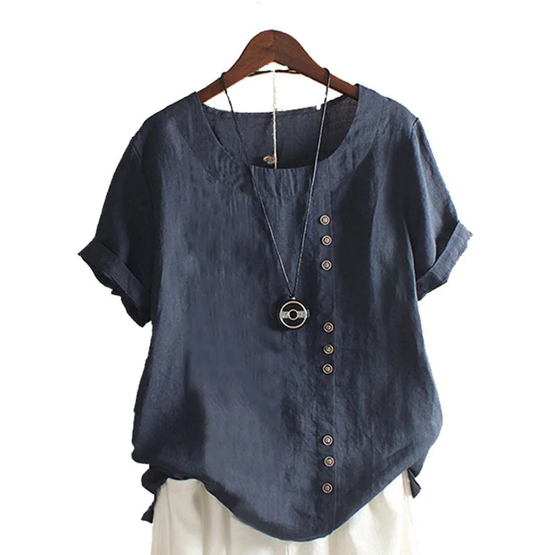 18 Colors S-5XL Women Cotton Linen Button Blouse Summer Female O-Neck Short Sleeve Solid Shirt Tops WYLP-M03