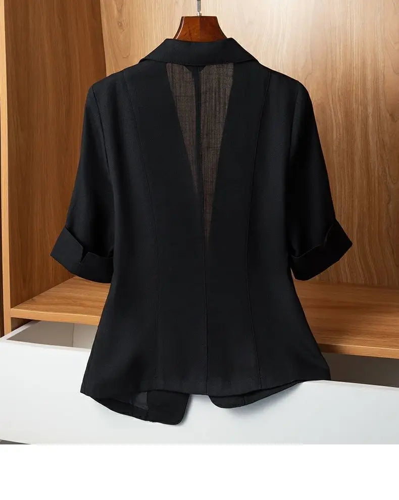Black Solid Casual Turn-Down Collar Single Button Short Sleeve Women's Jacket Korean Fashion Suit Blazer Short Jackets Coat 2026