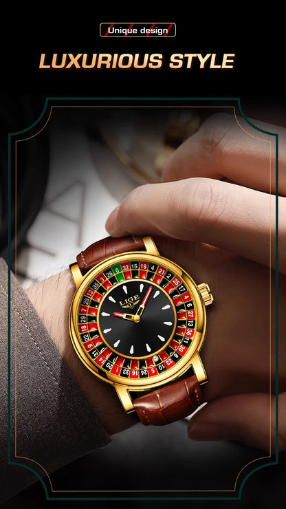 LIGE Quartz Man Watch Fashion Luxury Creative Roulette Game Dial Design Leather Casual Life Waterproof Watches for Men Gifts+Box