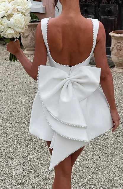 Mozision Pearl Bow Backless Sexy Mini Dress For Women Robe Fashion Zipper Sleeveless High Waist A-line Club Party Dress Elegant