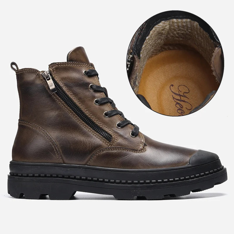 Natural Cow Leather Men Winter Boots Handmade Retro Men Boots Genuine Leather Men Winter Shoes #JM9550