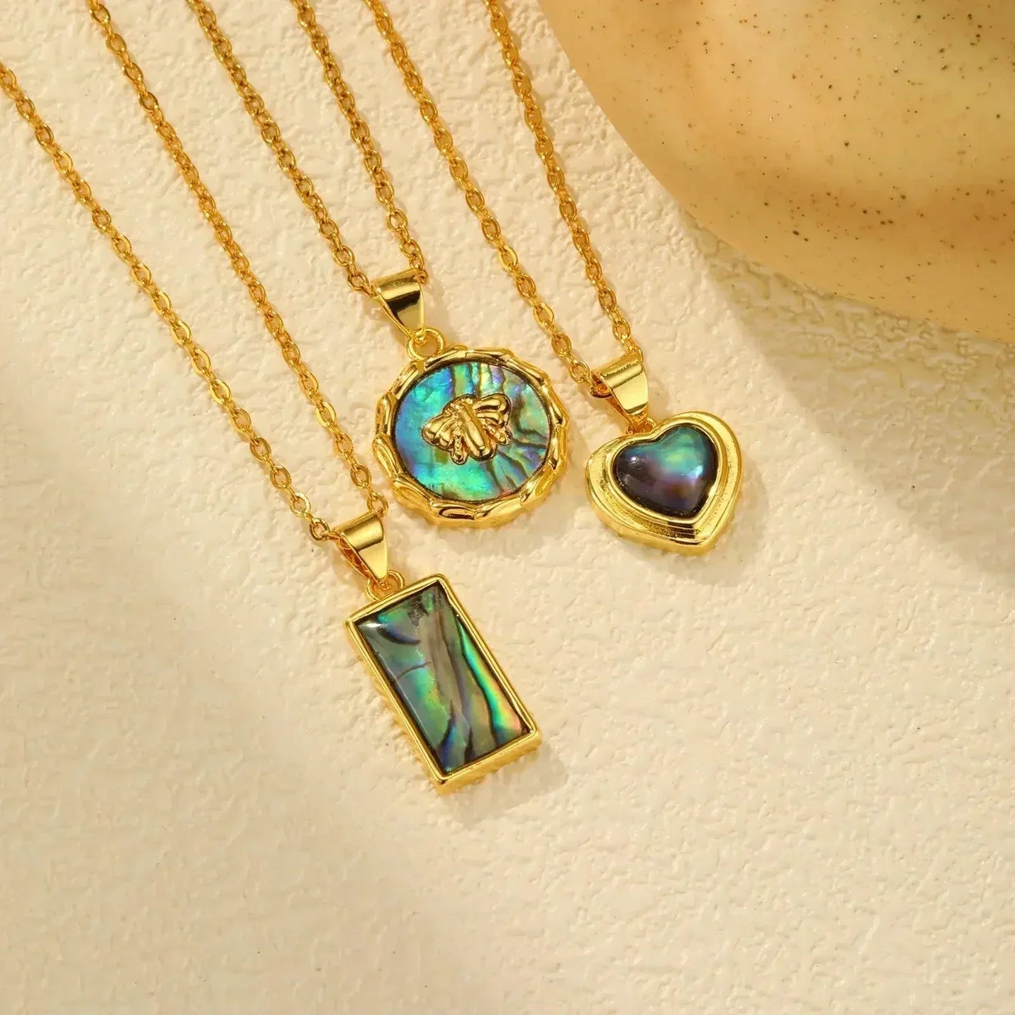 Summer Waterproof Necklace for Women, Nature Abalone Shell Heart Square Round Shape Pendant Statement Jewelry