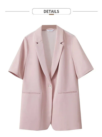 Amii Women's Top Minimalist 2025 Summer New Notched Lapel Contrast Material Patchwork One Button Short Sleeve Blazer 12542081