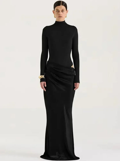 JULISSA MO Satin Sexy Hollow Out Women Maxi Dress Black Sleeveless High Waist Dress Female Autumn Skinny Elegant Party Clubwear