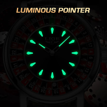 LIGE Quartz Man Watch Fashion Luxury Creative Roulette Game Dial Design Leather Casual Life Waterproof Watches for Men Gifts+Box
