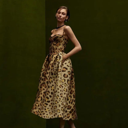 Leopard Print Sleeveless Sling Dress For Women Fashion Chic Backless A Line Dresses 2026 Elegant Female High Street Vestidos