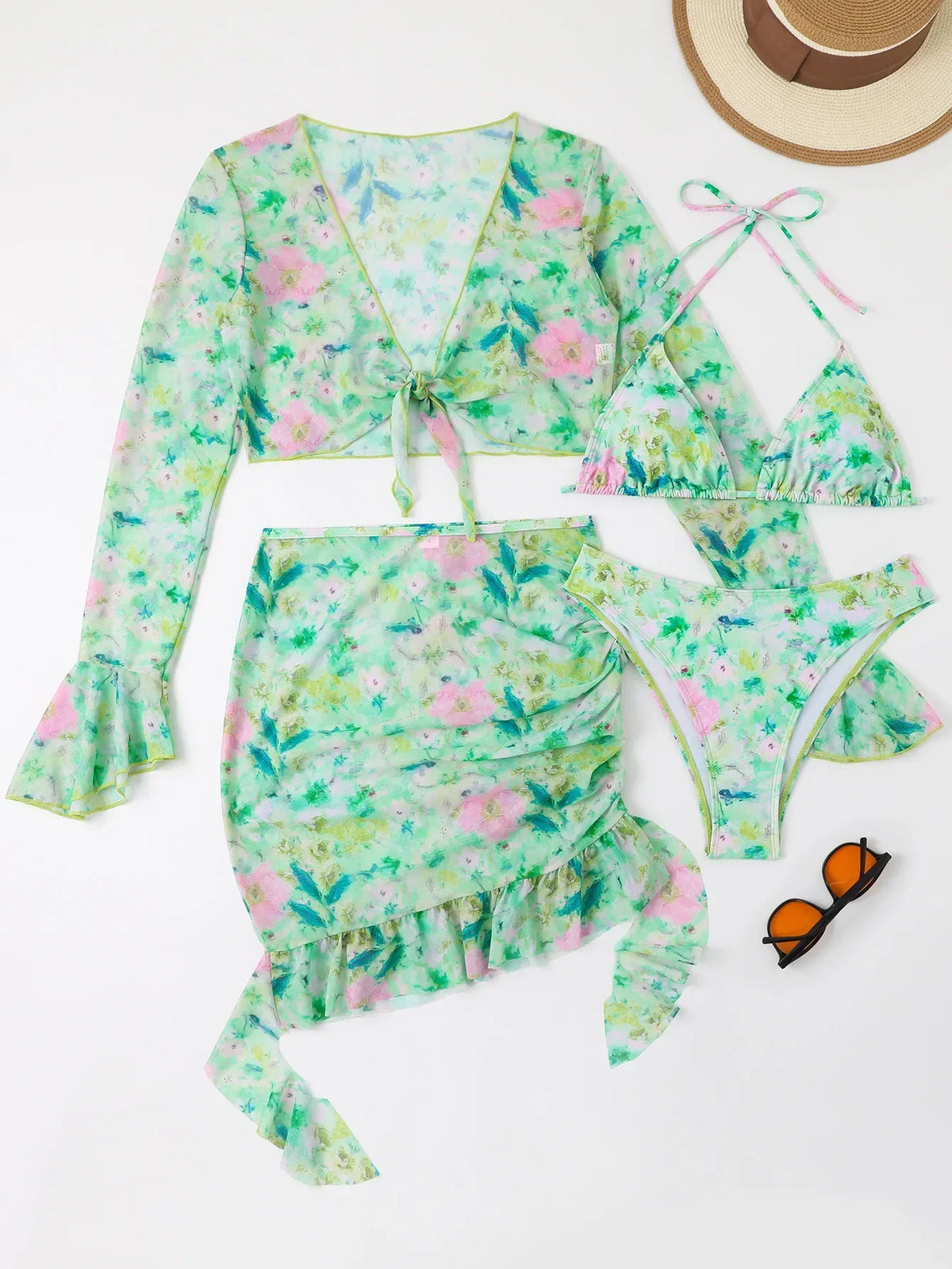 Sexy Floral Print Ruffle Bikini 2026 Women 4 Pack Swimsuit Brazilian Swimwear Female Beachwear Thong Bathing Suit Beach Cover-Up