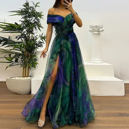 Women 2025 Pattern High Waist Party Dress Sexy Slit Mesh Cocktail Gala Dress Fashion One Shoulder Female Pleated Evening Dress
