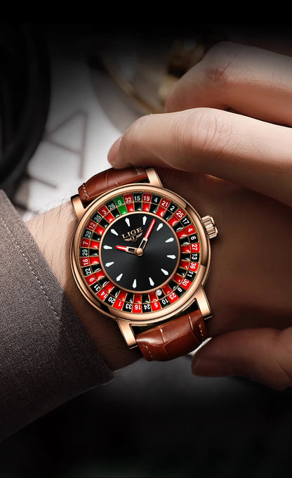 LIGE Quartz Man Watch Fashion Luxury Creative Roulette Game Dial Design Leather Casual Life Waterproof Watches for Men Gifts+Box