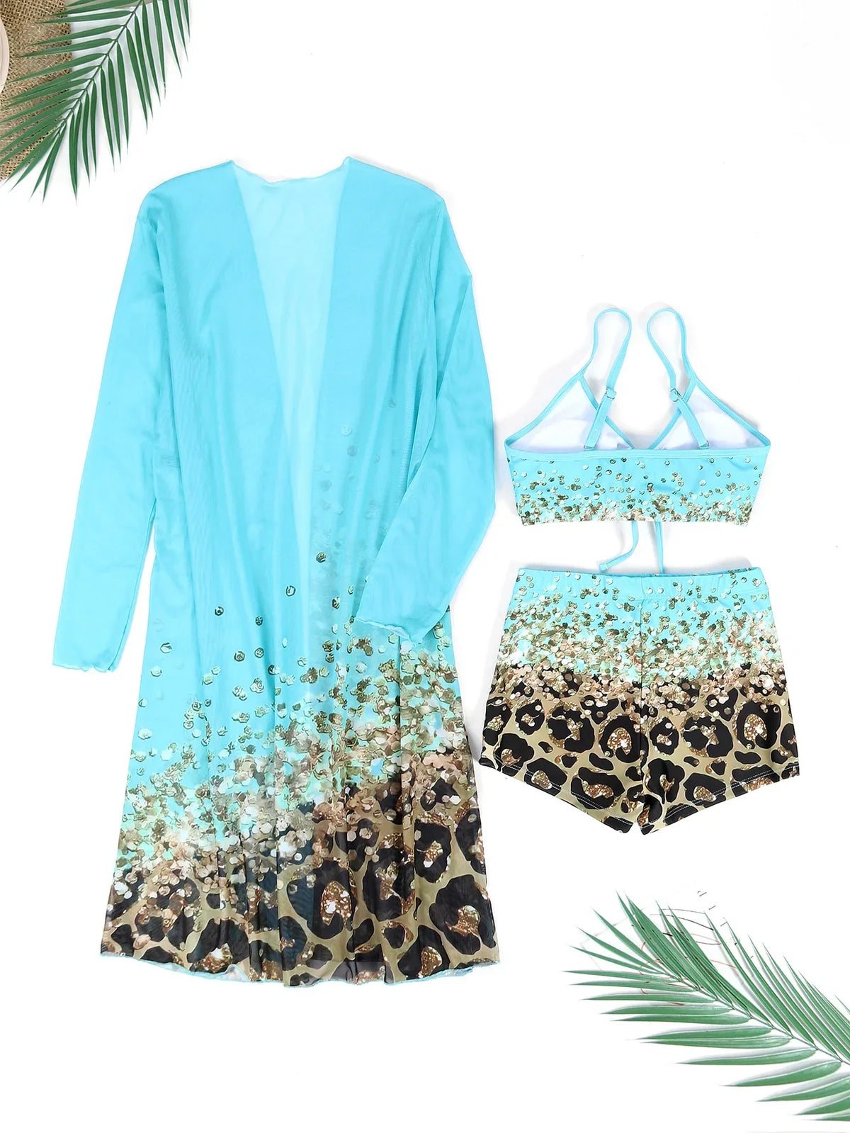 Women Bathing Suit  Print Leopard Bikinis 3 Pieces Swimsuit Kimono High Waist Bikini Shorts Long Sleeve Beach Cover Up Swimwear