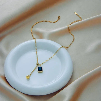 DIEYURO 316L Stainless Steel Zircon Necklace For Women Designer Gold Color Square Bead Pendant Necklaces Girls Body Jewelry Gift