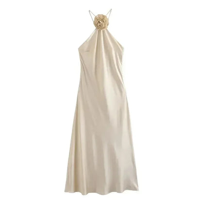 MUJER Flower Halter Dress Woman Off Shoulder Satin Long Dress Women Backless Sexy Evening Dresses Summer Party Dresses For Women