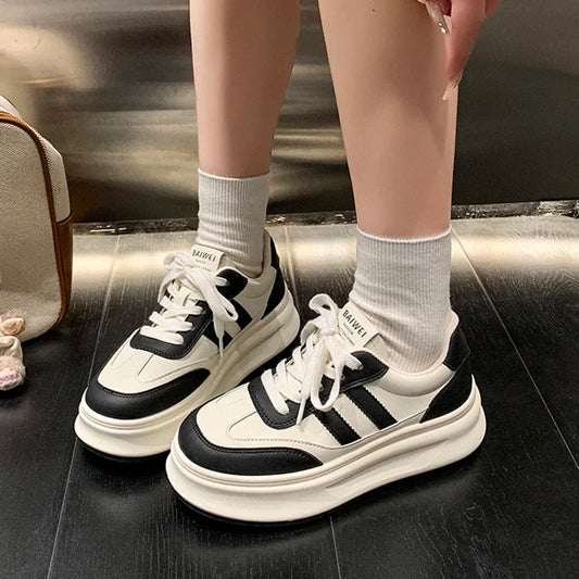 Korean Mix Color Thick Bottom Vulcanizd Shoes Women Pu Leather Lace Up Platform Sneakers Woman Outdoor Non Slip Sport Shoes