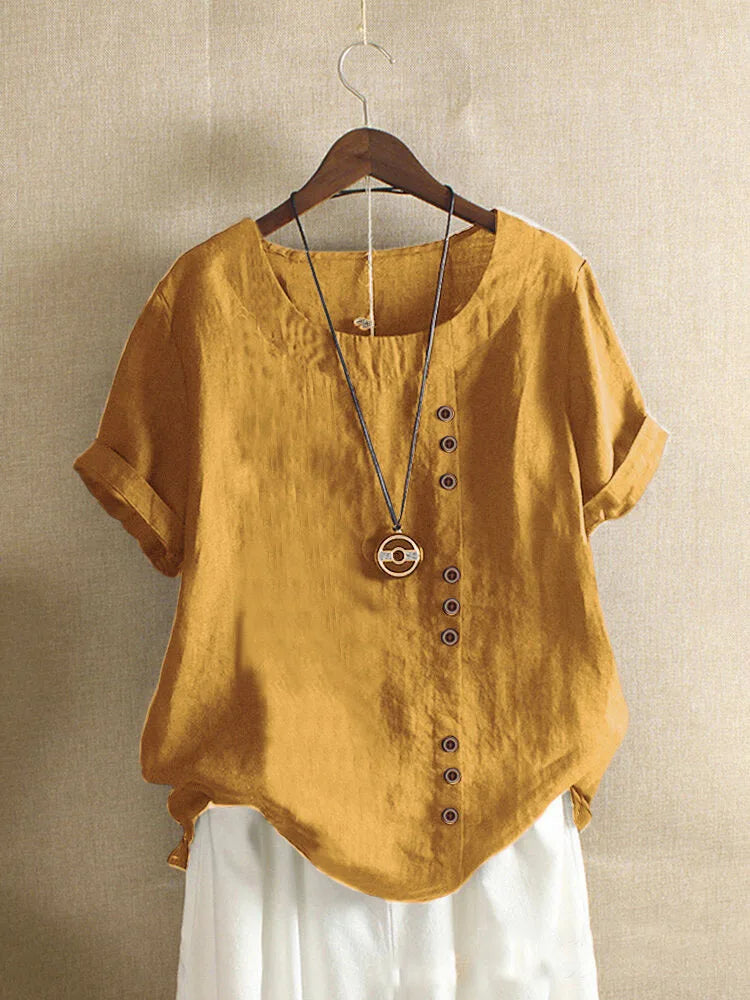 18 Colors S-5XL Women Cotton Linen Button Blouse Summer Female O-Neck Short Sleeve Solid Shirt Tops WYLP-M03