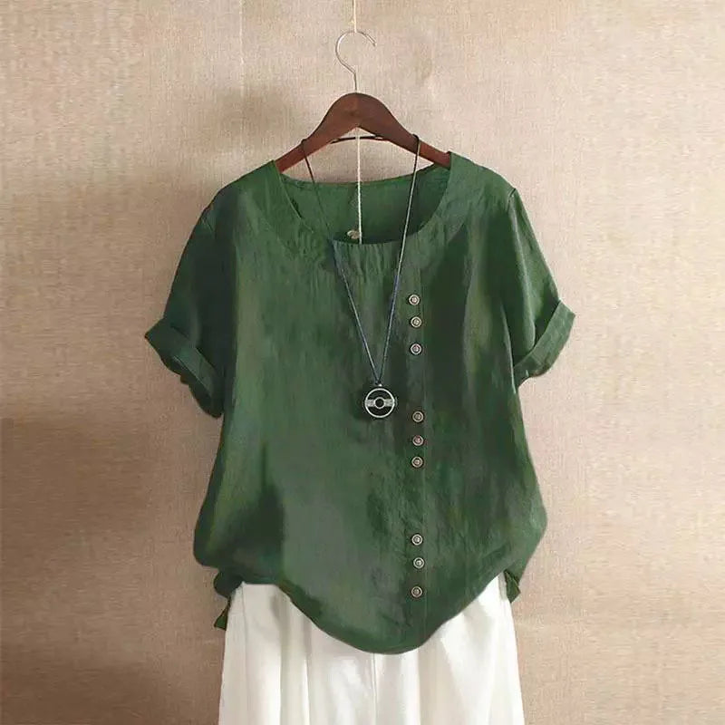 18 Colors S-5XL Women Cotton Linen Button Blouse Summer Female O-Neck Short Sleeve Solid Shirt Tops WYLP-M03