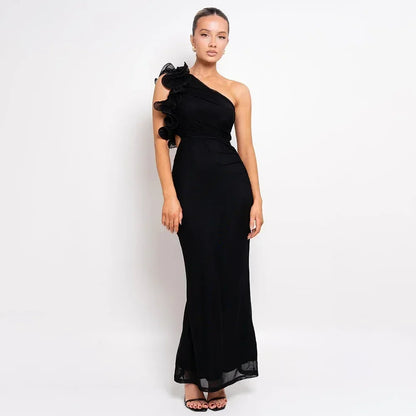 Articat Elegant Sleeveless Slant Shoulder Flower Dress Women Spring/Summer 2025 Sexy Mesh Wrap Hip Dress Party Evening Dress
