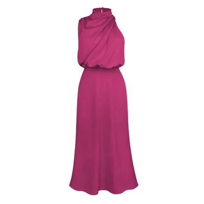 Foridol One Shoulder Turtleneck Tank Satin Women Party Dress Robe Zip Sleeveless Elegant Vintage Folds Women Clothing 2025
