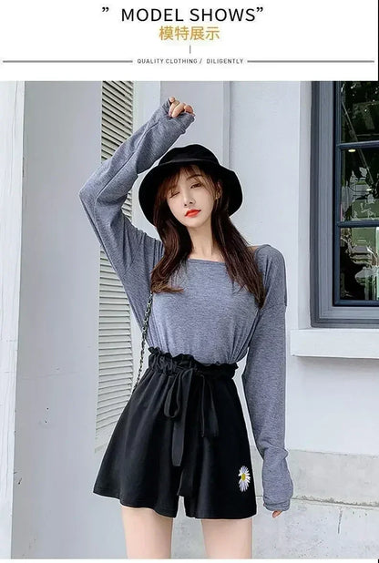 Summer Lightweight Black Casual Sports Pants Women Student Loose High-Waist Wide-Leg Shorts