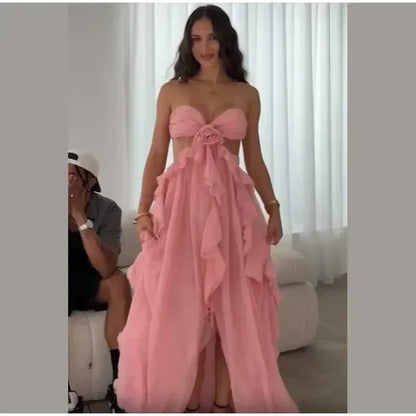 Chic Women Spring Hollow Out 3d Flower Ruffled Hem Long Dress Elegant Off Shoulder Backless Robe 2025 New Lady Street Party Gown