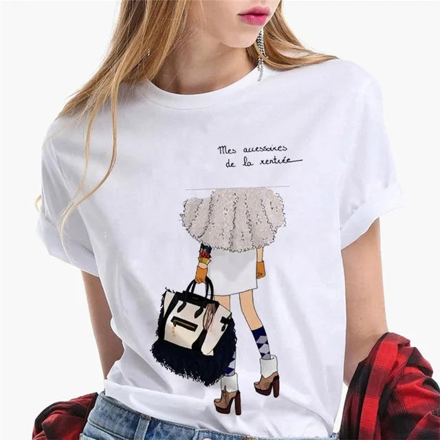 Paris Girl Europe and America Fashion Loose Ins White Short-sleeved T-shirt Woman Graphic T Shirts  Harajuku  Women Clothes