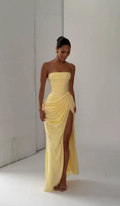 Elegant Yellow Strapless Pleated Dress Women Chic Sleeveless Waist Cinching Split Maxi Gowns Lady Evening Party Dresses 2026 New