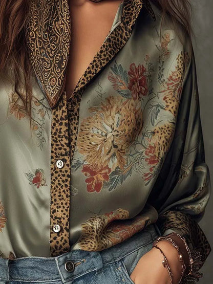 Retro Floral Print Loose Blouse Women Leopard Splice Lapel Button Long Sleeve Satin Shirts Casual Beach Bohemian Tops with Scarf