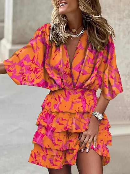 Women Fall V-Neck Loose Batwing Hafl Sleeve Print Dress Fashion Elegant Lace-up Ruffle Beach Mini Dresses Casual Streetwear 2024