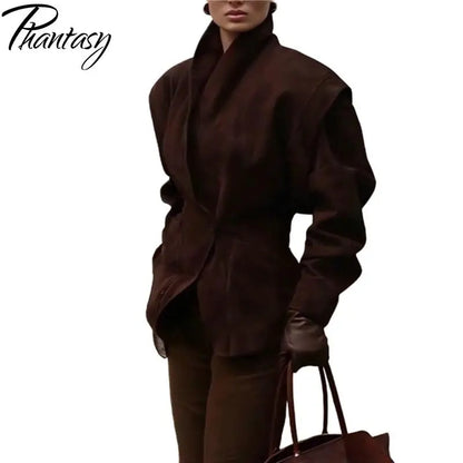 Phantasy Fashion Vintage Belt-Down Jacket Autumn Winter V-Neck Commuter Brown Suit Casual Style High-End Women's Clothing 2025