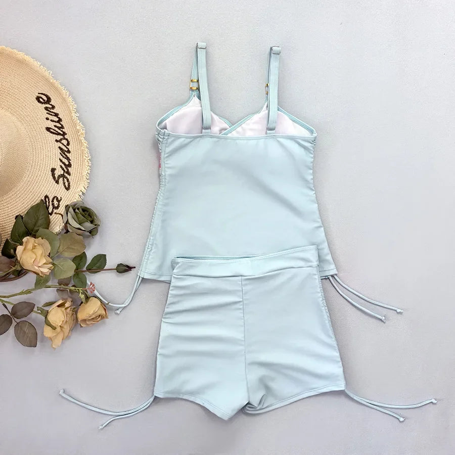 Light Blue Flower Print Swimwear Women's Bikinis Shorts and Tankinis Sexy Swimsuit Holiday Beach Wear Brazilian Bikini Femmes
