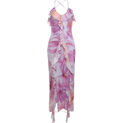 Weird Puss Flower Print Dress Woman Summer Strapless Splits Irregular Tassel Patchwork Backless Bandage Party Skinny Vestidos