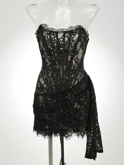 TARUXY Sexy Lace See-through Patchwork Corset Dress Female Bodycon Elegant Party MIrrgualr Mini Dress Women Tube Top Dress New