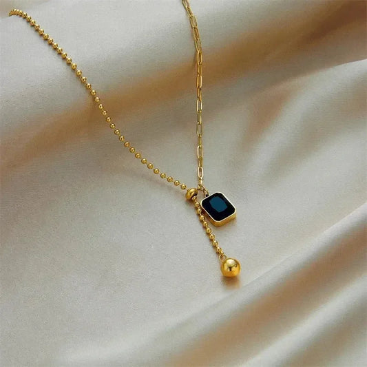 DIEYURO 316L Stainless Steel Zircon Necklace For Women Designer Gold Color Square Bead Pendant Necklaces Girls Body Jewelry Gift
