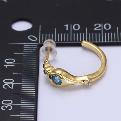 Gold Blue CZ Round Geometric 20mm C-Shaped Hoops Earrings | AD199