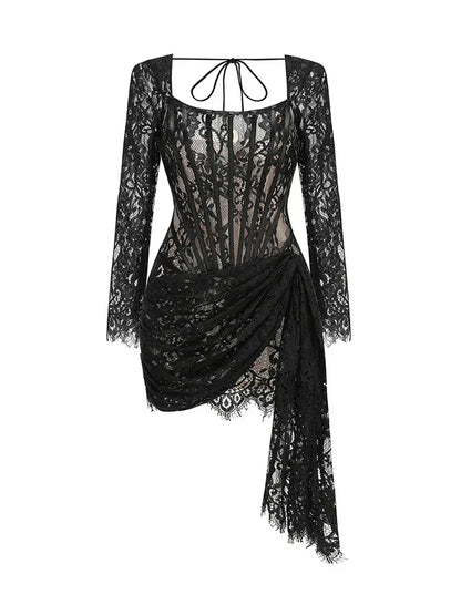 TARUXY Sexy Lace See-through Patchwork Corset Dress Female Bodycon Elegant Party MIrrgualr Mini Dress Women Tube Top Dress New