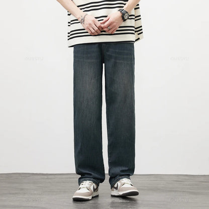 Spring Summer High Quality Soft Lyocell Fabric Jeans Men Thin Loose Wide Leg Pants Elastic Waist Casual Trousers Plus Size 28-40