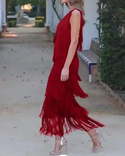 Spring and Summer New Fashion Fringed Slanted Shoulder Asymmetrical Dress for Women