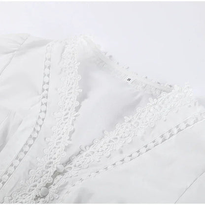 Elegant Lace Patchwork Hollow Out Dress Women Solid V-neck Long Lantern Sleeve Loose Dresses 2025 Spring Vacation Lady Robes