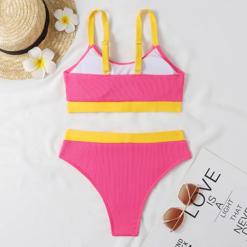 Orange High Waist Bikini 2022 Swimsuits Push Up Swimwear Women Splicing Biquini Beachwear Sexy Ribbed Bathing Suits Female New