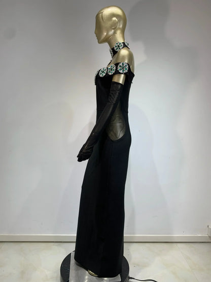 Summer Bandage Dress 2025 Women Celebrity Sexy Diamonds Crystal Black Maxi Long Bodycon Elegant Evening Club Party Dress
