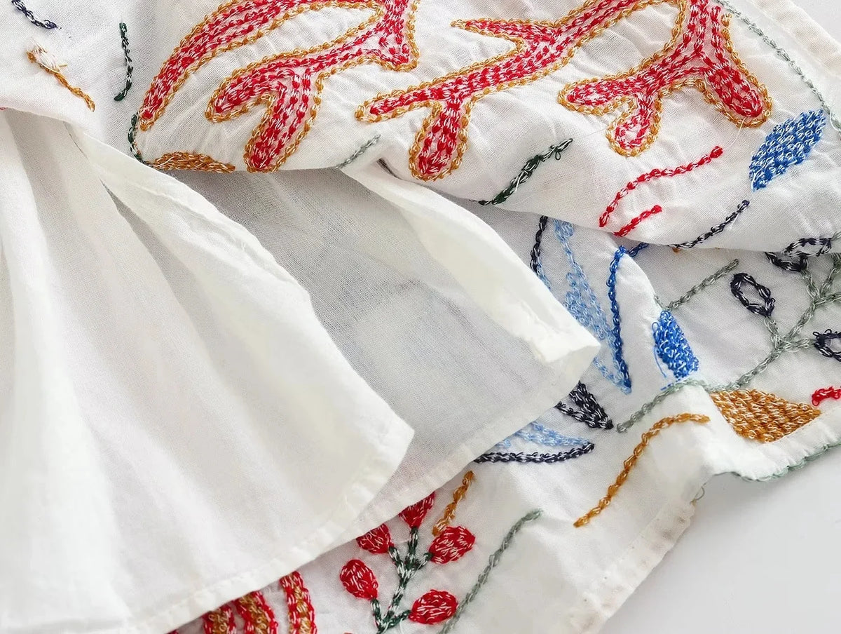 Foridol Marine Organism Embroidery Batwing Sleeve Summer Spring Maxi Skirt Set Cotton White Tassle Dress Set Outfits Button Suit