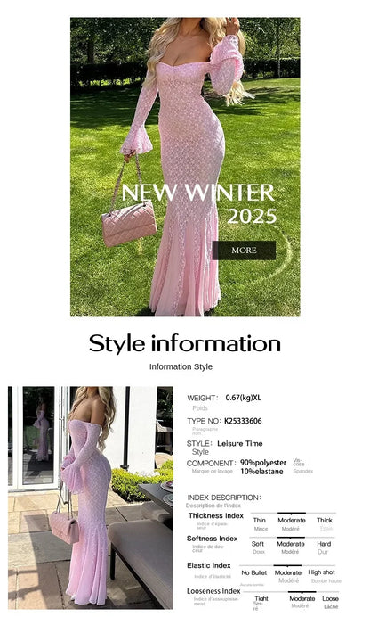 Elegant French Style Pink Long Dress Women Lace Long Sleeved Dress Evening Gown Party Wedding Dress up Lady Spring Summer Outfit