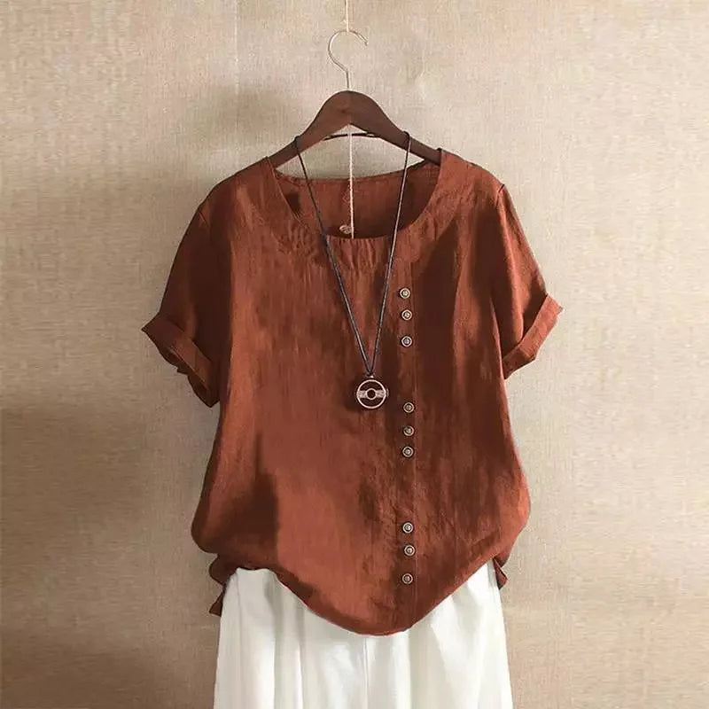 18 Colors S-5XL Women Cotton Linen Button Blouse Summer Female O-Neck Short Sleeve Solid Shirt Tops WYLP-M03