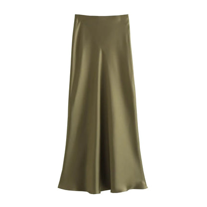 2026 New Women's European And American Style Fashion Silk Satin Texture High Waist Skirt Street Style Elegant Mid-length Skirt