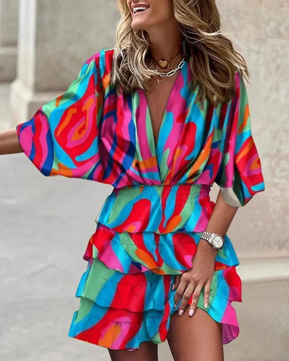 Women Fall V-Neck Loose Batwing Hafl Sleeve Print Dress Fashion Elegant Lace-up Ruffle Beach Mini Dresses Casual Streetwear 2024