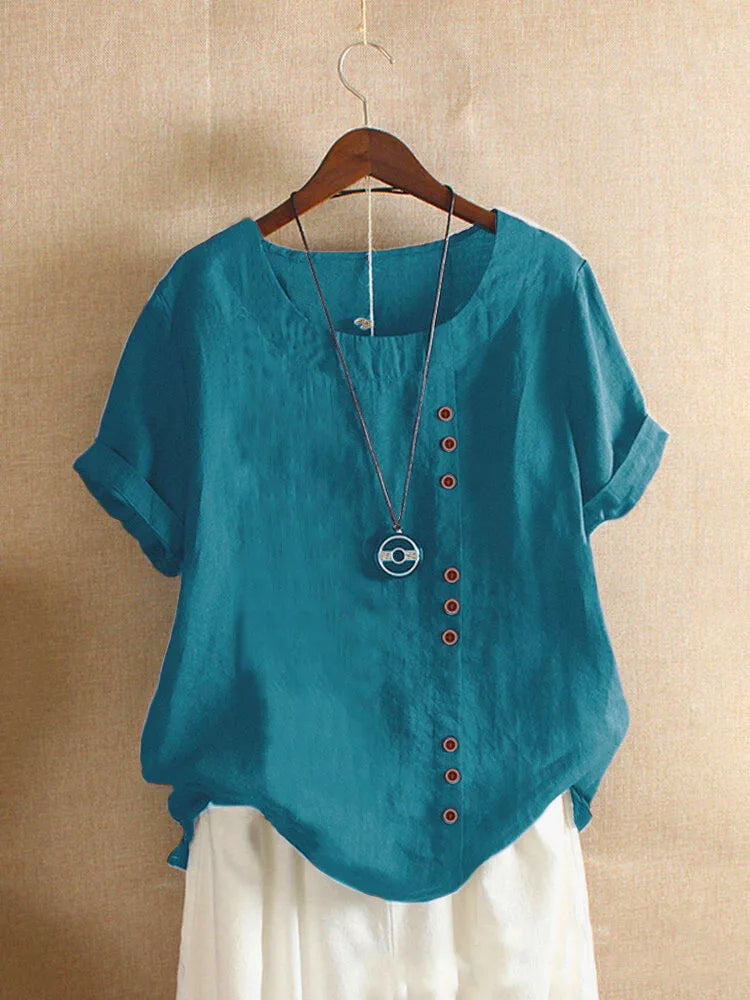 18 Colors S-5XL Women Cotton Linen Button Blouse Summer Female O-Neck Short Sleeve Solid Shirt Tops WYLP-M03
