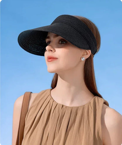 Spring and Summer Women's Outdoor Sunshade  Straw Hat Fashion Empty Top  Duck Tongue Hat Big Brim Cap G37