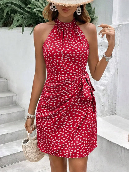 Women's Summer Fashion Hanging Neck Zipper Sleeveless Floral Pleated Short Dress Sexy Off Shoulder Lace-Up Mini Dress Vestidos